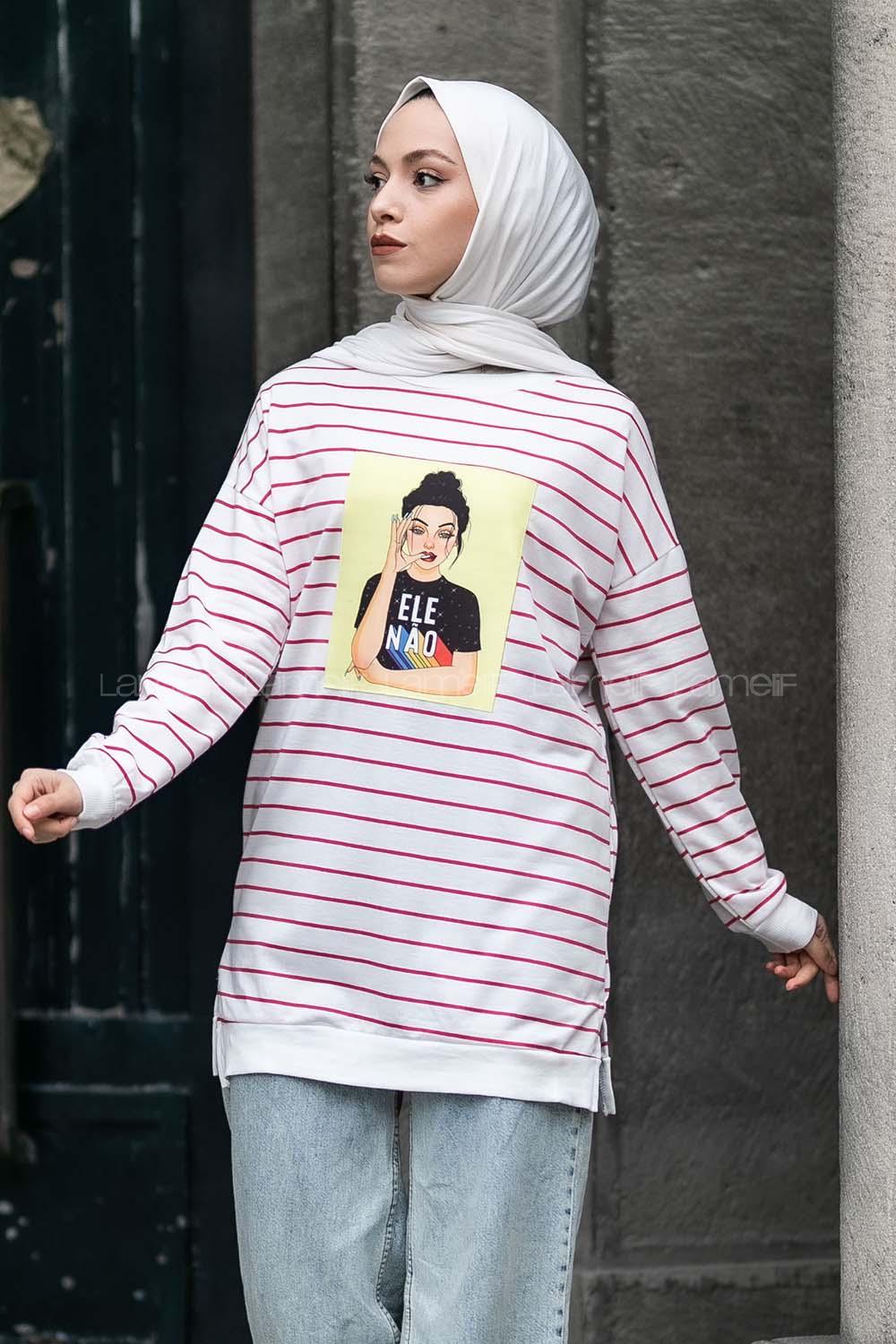 Modalamelif Ele Nao Girl Baskılı Çizgi Desenli Sweat Kırmızı