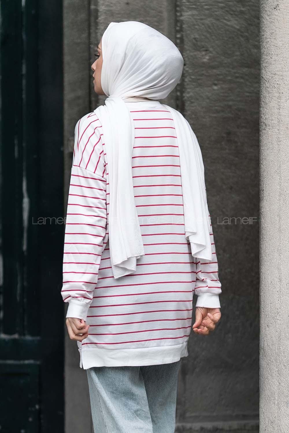 Modalamelif Ele Nao Girl Baskılı Çizgi Desenli Sweat Kırmızı