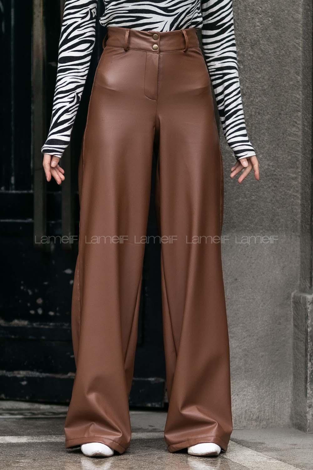 Modalamelif  İspanyol Paça Yüksek Bel Deri Pantolon Kahverengi