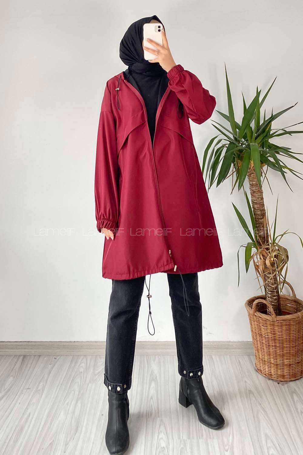 Modalamelif Kapüşon Detaylı Fermuarlı Çift Cepli Trenç Kap Bordo