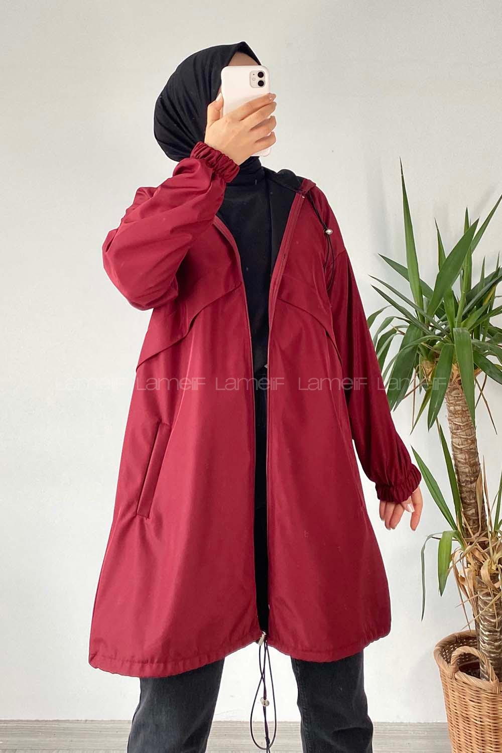 Modalamelif Kapüşon Detaylı Fermuarlı Çift Cepli Trenç Kap Bordo