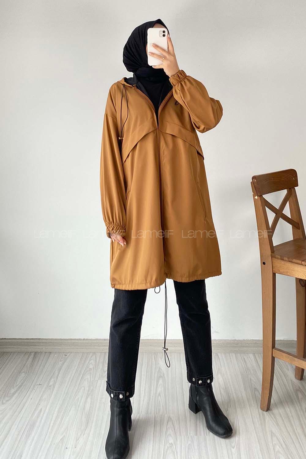 Modalamelif Kapüşon Detaylı Fermuarlı Çift Cepli Trenç Kap Camel