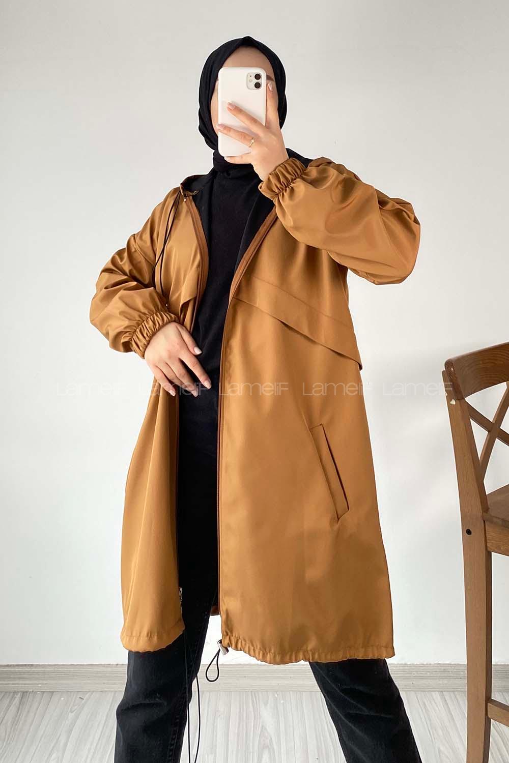 Modalamelif Kapüşon Detaylı Fermuarlı Çift Cepli Trenç Kap Camel