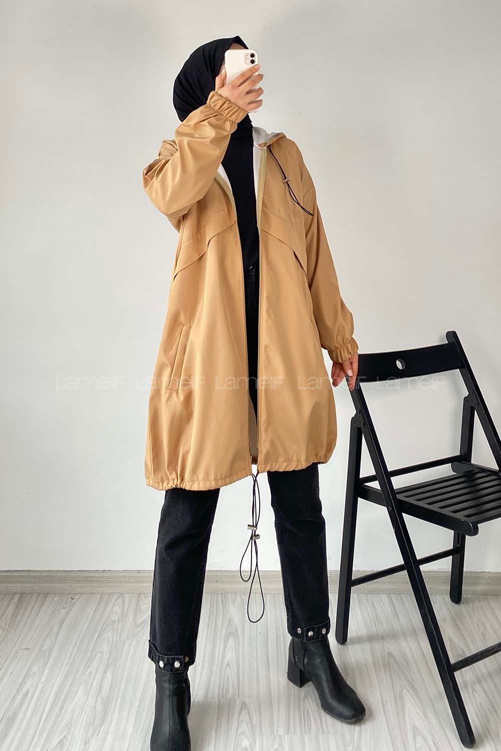 Modalamelif Kapüşon Detaylı Fermuarlı Çift Cepli Trenç Kap Sütlükahve