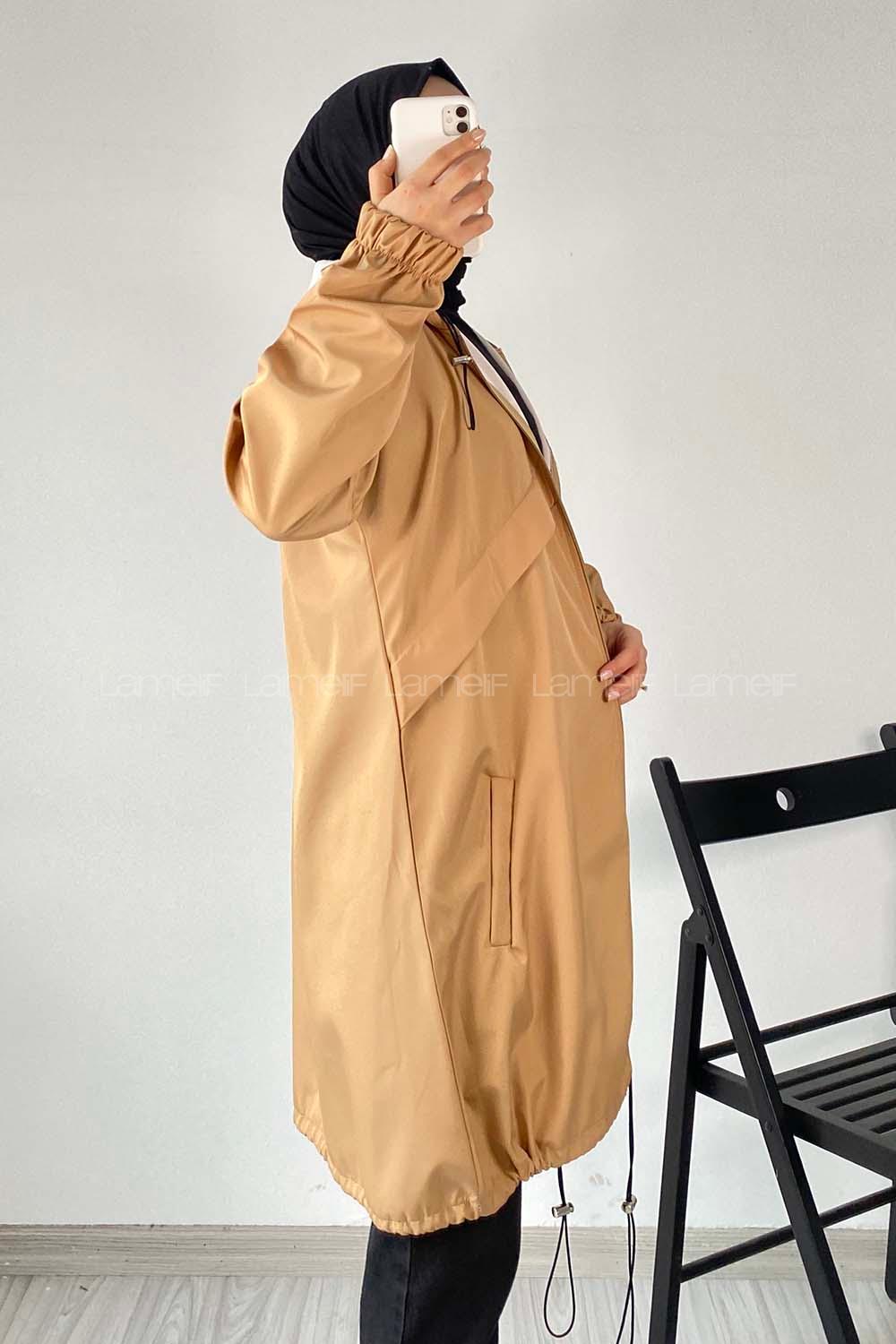 Modalamelif Kapüşon Detaylı Fermuarlı Çift Cepli Trenç Kap Sütlükahve