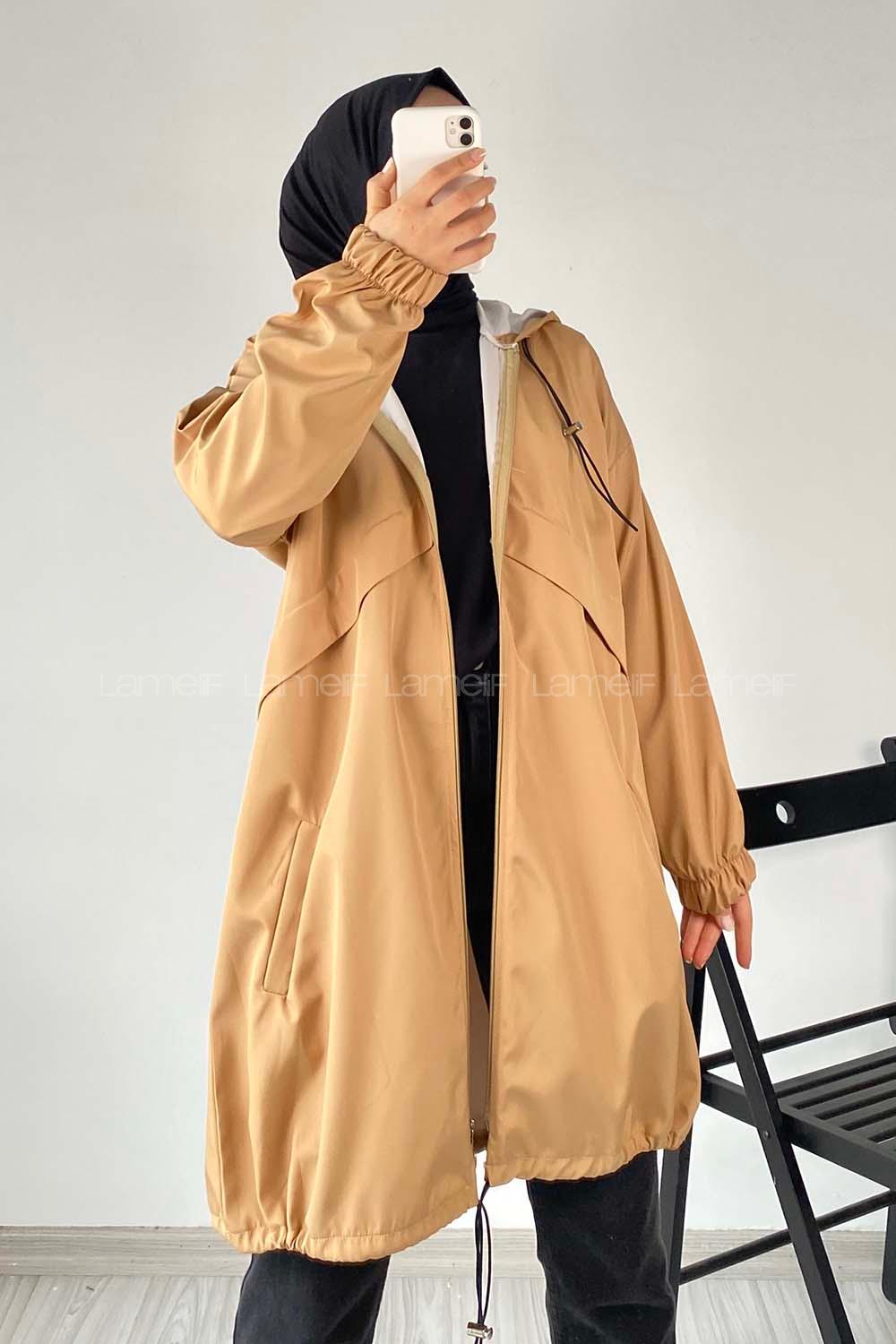 Modalamelif Kapüşon Detaylı Fermuarlı Çift Cepli Trenç Kap Sütlükahve