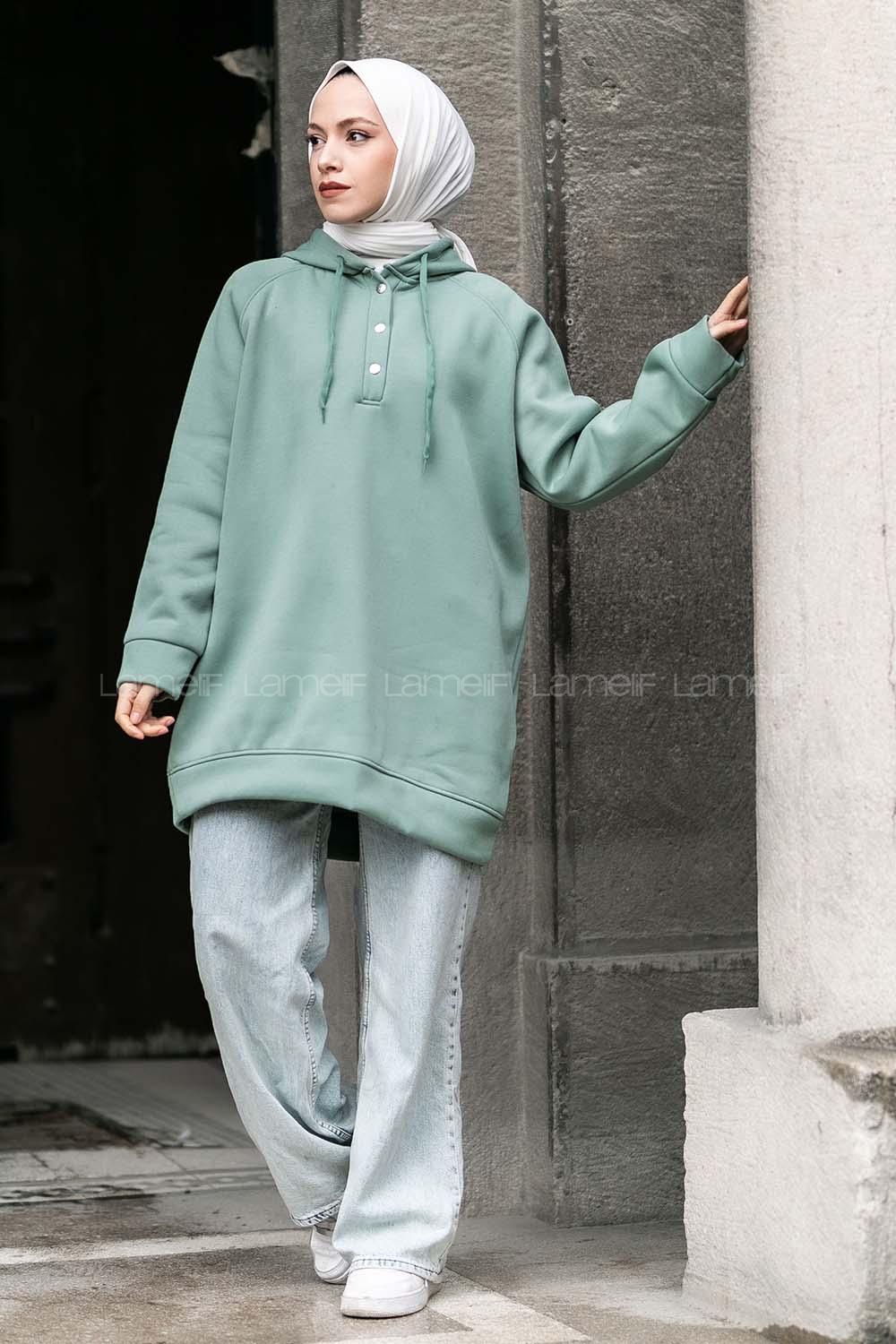 Modalamelif Kapüşon Detaylı Yarım Çıtçıt Düğmeli Sweat Çağla Yeşili