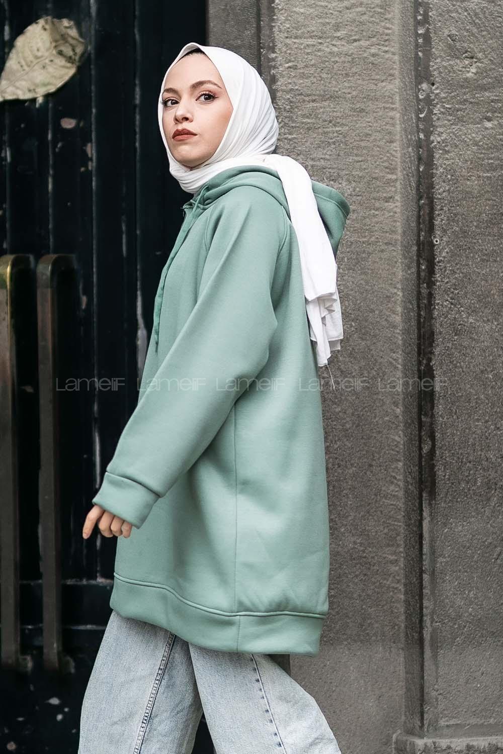 Modalamelif Kapüşon Detaylı Yarım Çıtçıt Düğmeli Sweat Çağla Yeşili