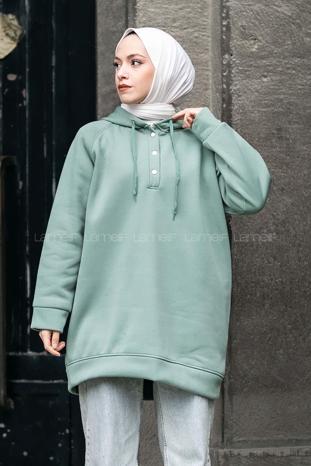 Modalamelif Kapüşon Detaylı Yarım Çıtçıt Düğmeli Sweat Çağla Yeşili