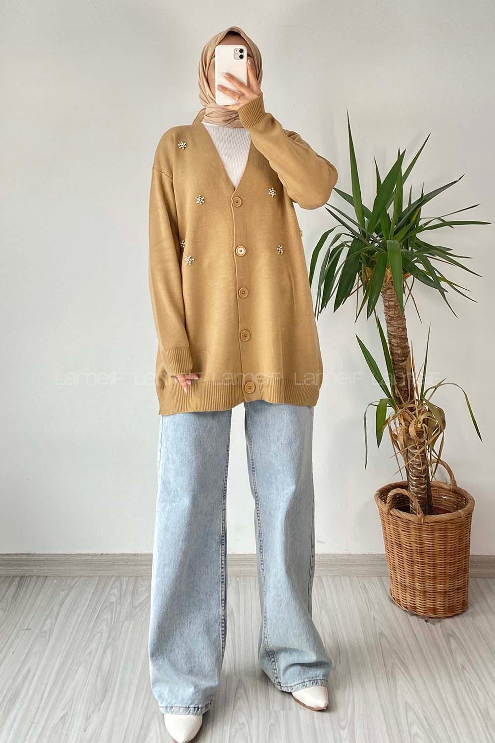 Modalamelif Önü Düğmeli Taş İşlemeli Triko Hırka Sütlü Kahve