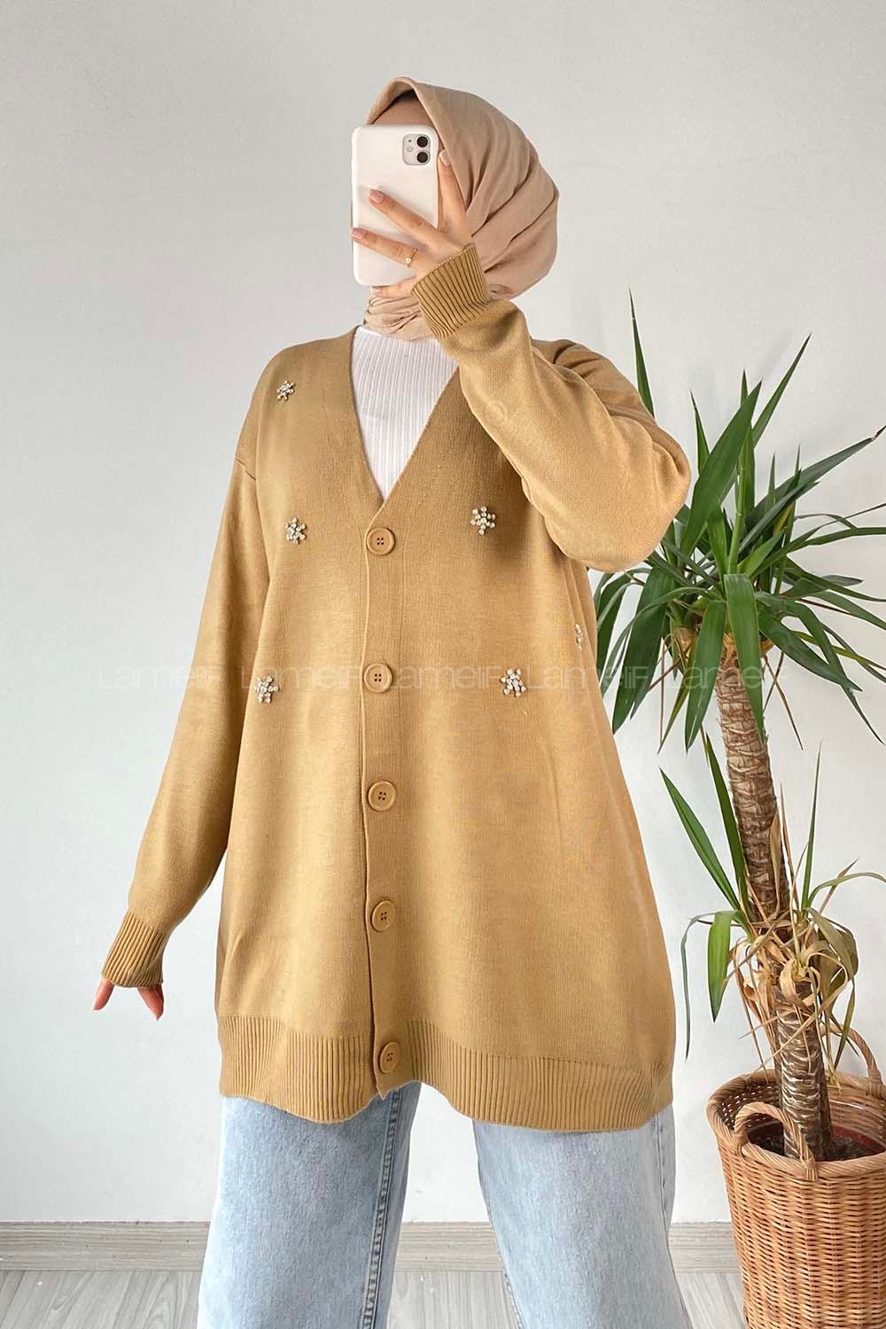 Modalamelif Önü Düğmeli Taş İşlemeli Triko Hırka Sütlü Kahve