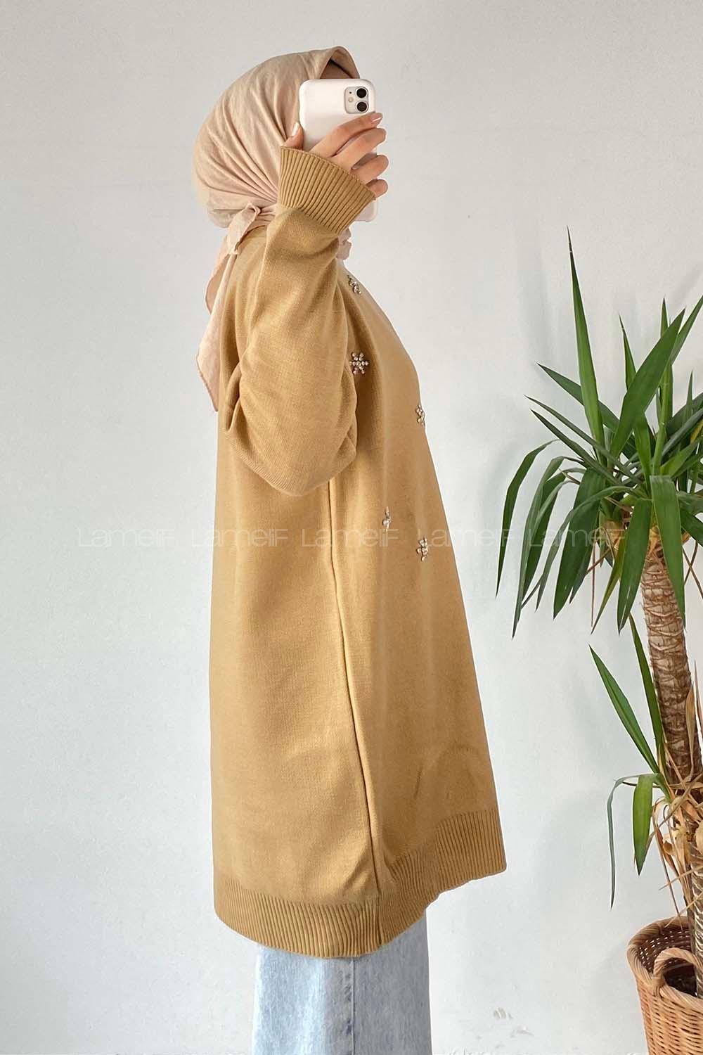 Modalamelif Önü Düğmeli Taş İşlemeli Triko Hırka Sütlü Kahve