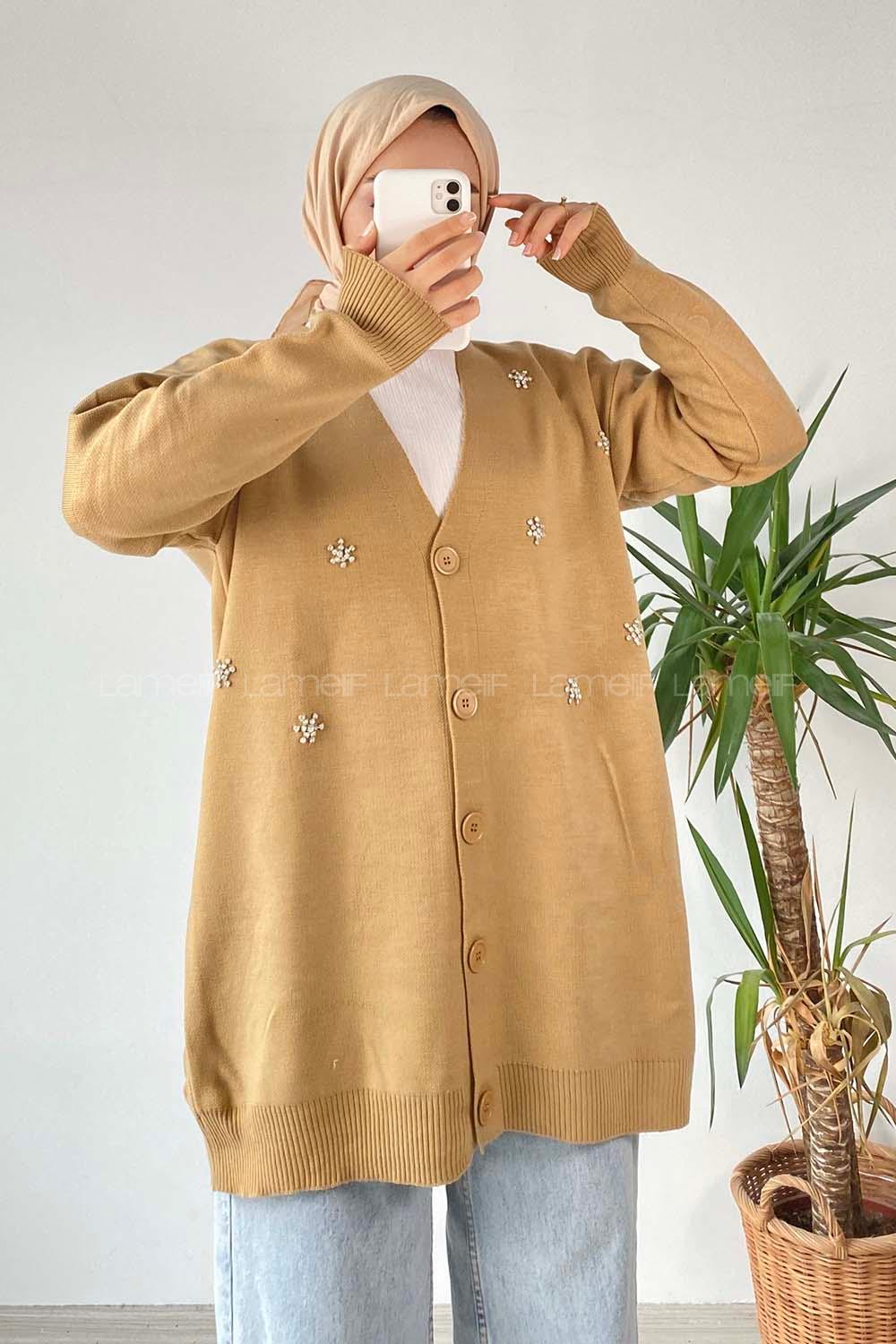 Modalamelif Önü Düğmeli Taş İşlemeli Triko Hırka Sütlü Kahve