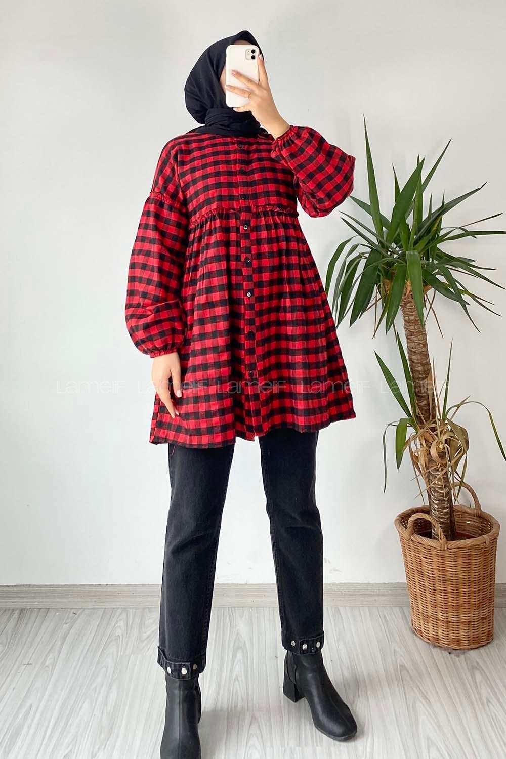 Modalamelif Pötikare Desen Bel ve Yaka Fırfır Detaylı Gömlek Kırmızı