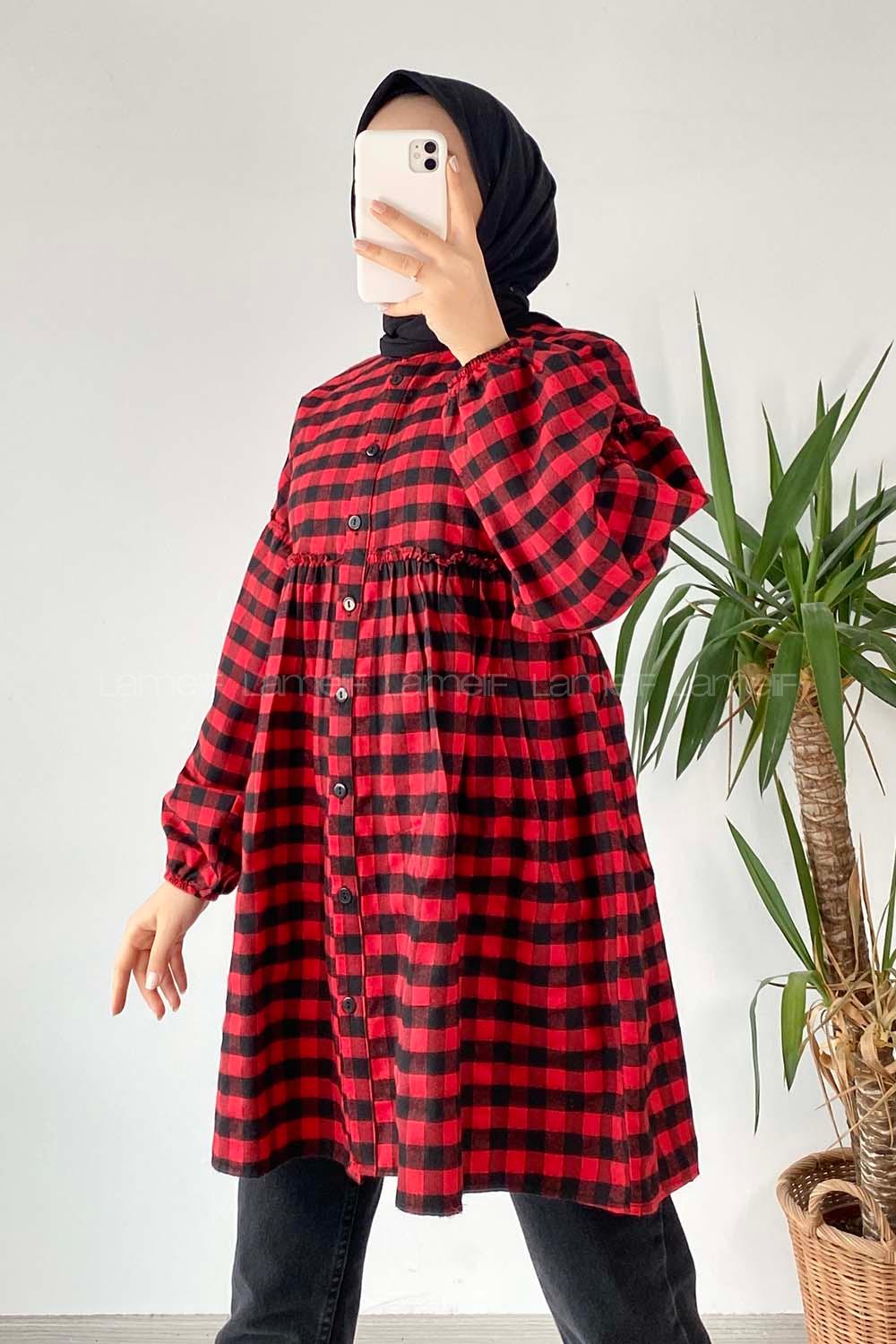 Modalamelif Pötikare Desen Bel ve Yaka Fırfır Detaylı Gömlek Kırmızı