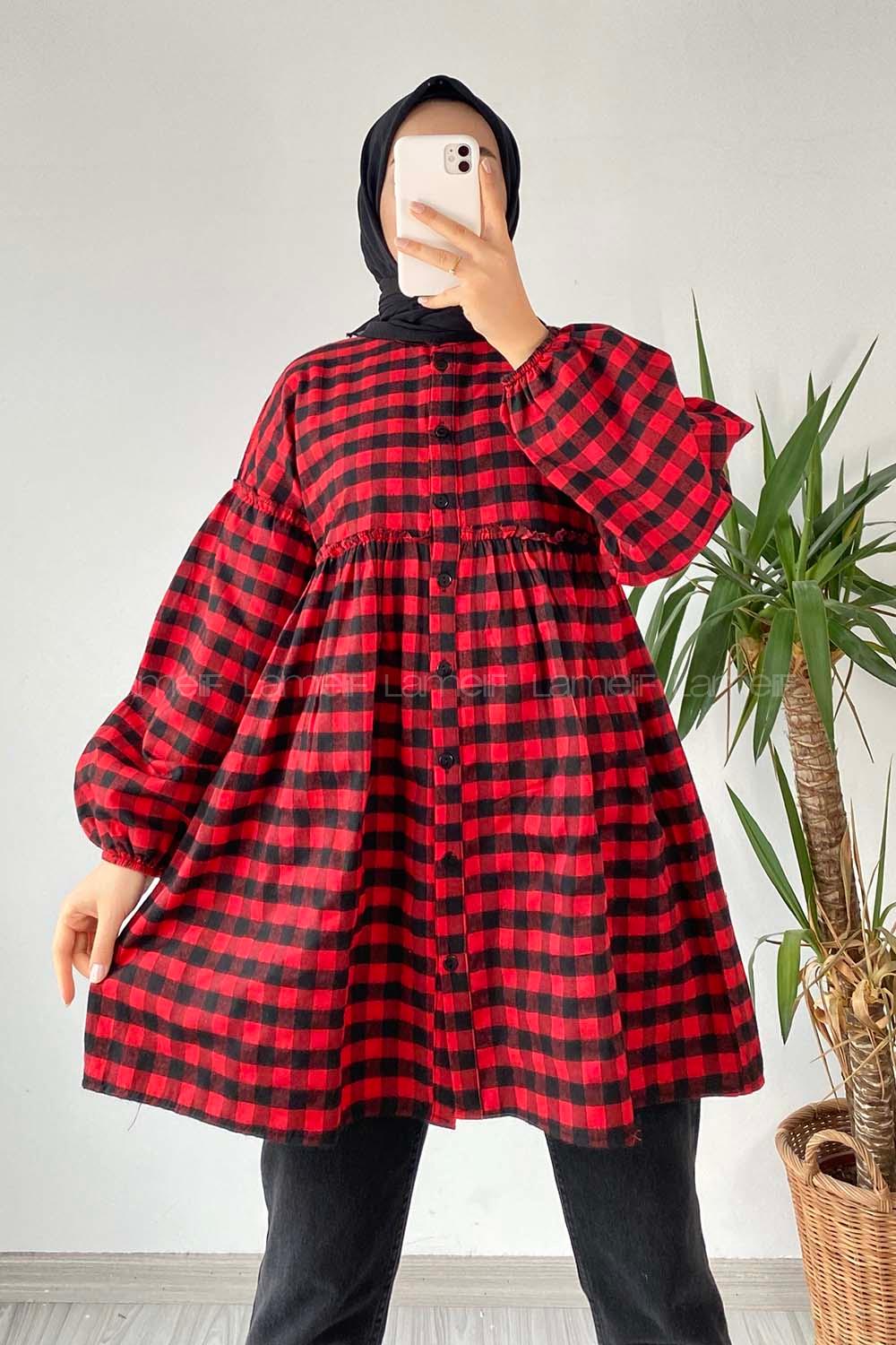 Modalamelif Pötikare Desen Bel ve Yaka Fırfır Detaylı Gömlek Kırmızı