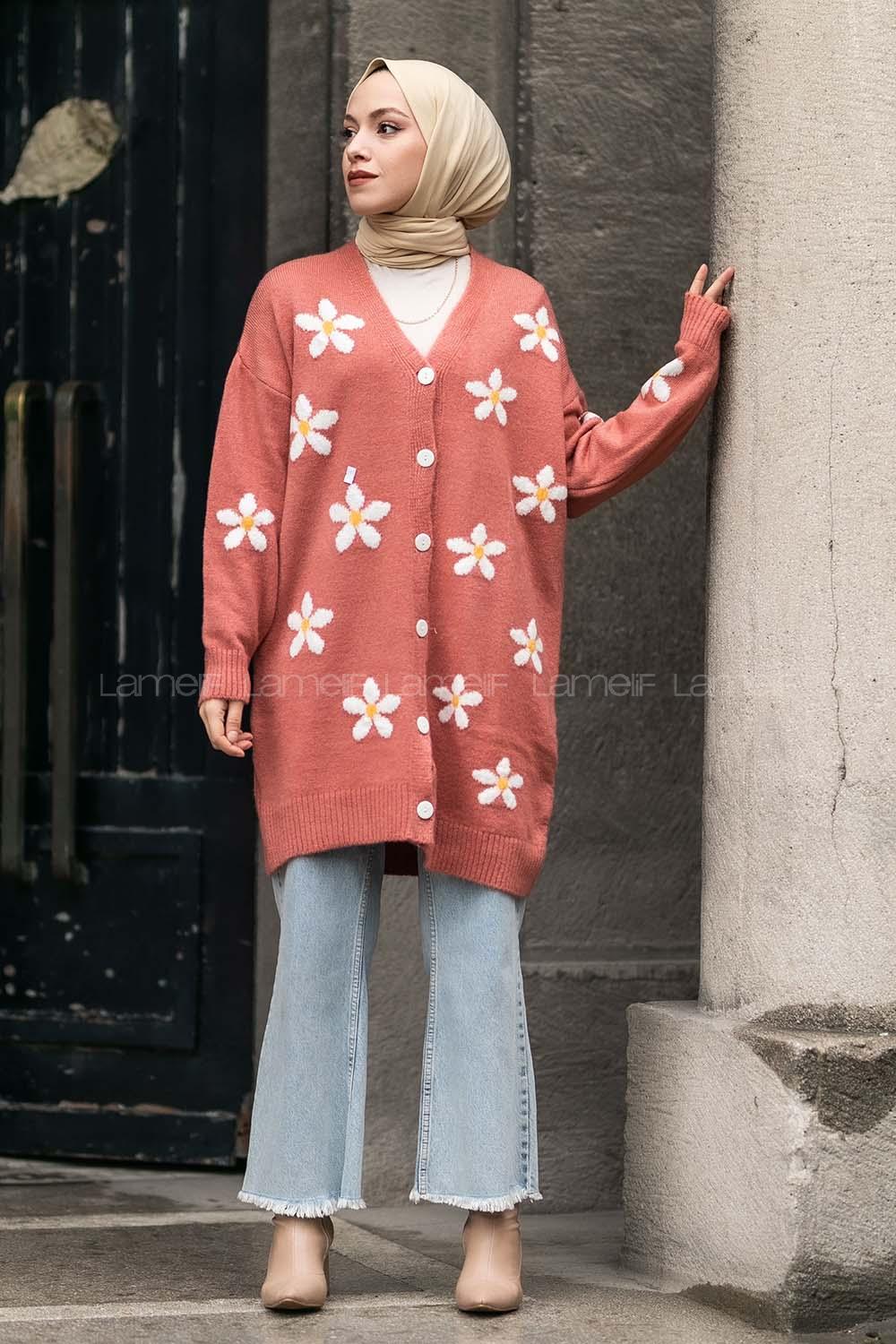 Modalamelif V Yaka Boydan Düğmeli Papatya Desen Hırka Gül