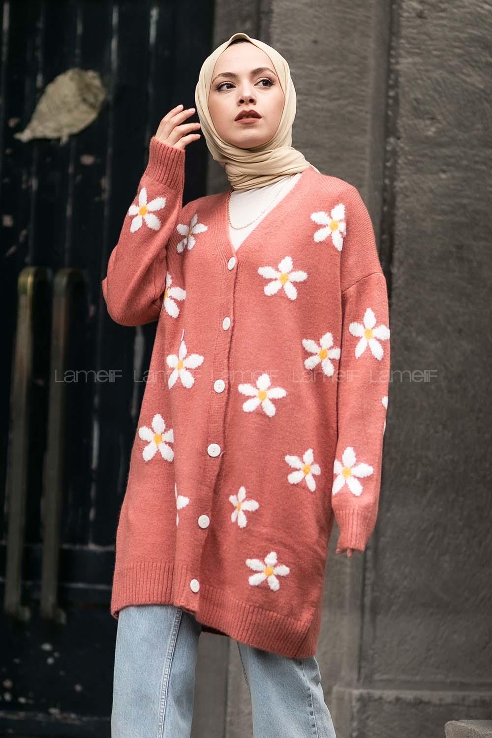 Modalamelif V Yaka Boydan Düğmeli Papatya Desen Hırka Gül