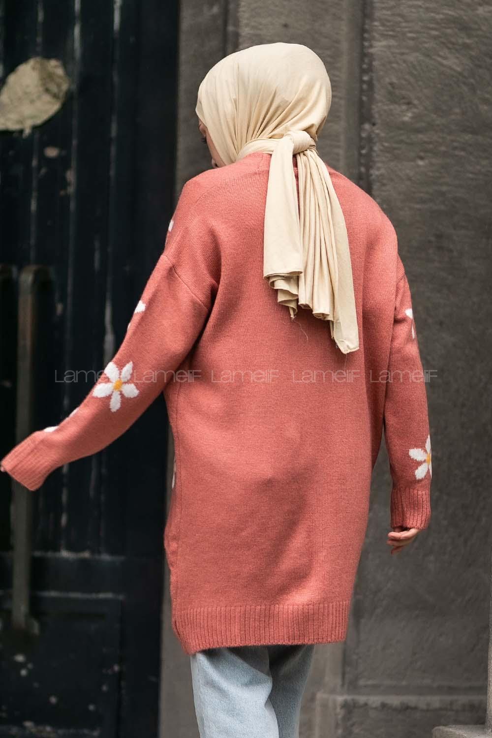 Modalamelif V Yaka Boydan Düğmeli Papatya Desen Hırka Gül