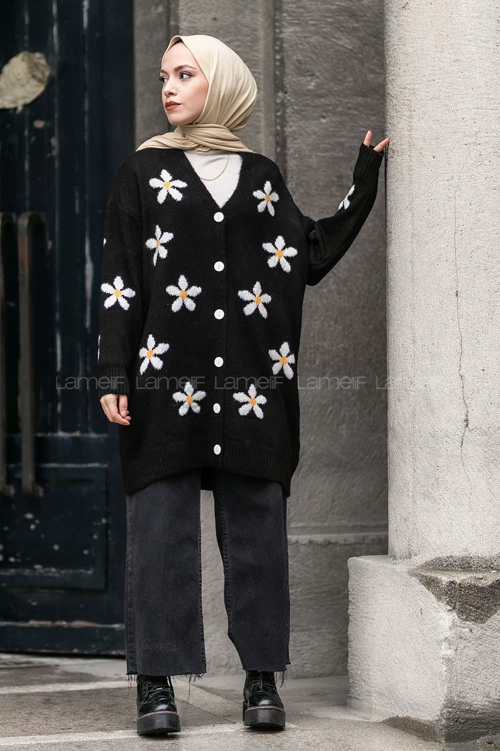 Modalamelif V Yaka Boydan Düğmeli Papatya Desen Hırka Siyah