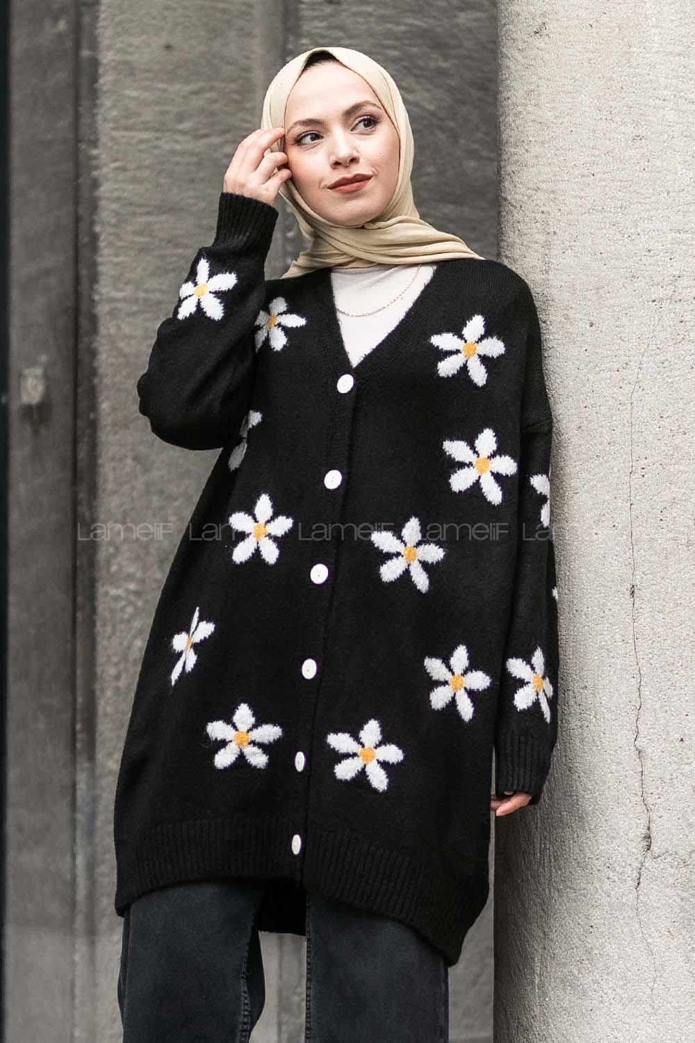 Modalamelif V Yaka Boydan Düğmeli Papatya Desen Hırka Siyah