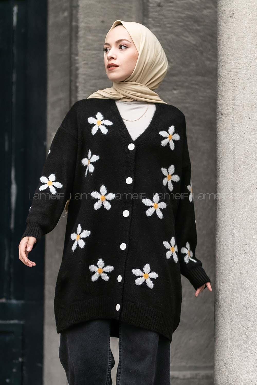 Modalamelif V Yaka Boydan Düğmeli Papatya Desen Hırka Siyah