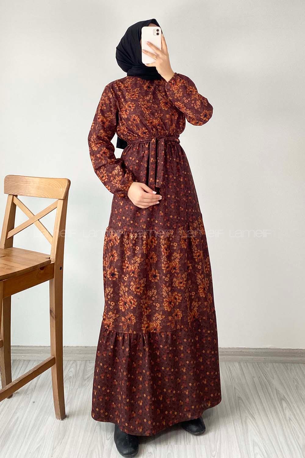Modalamelif Yarım Balıkçı Yaka Kuşak Bağlamalı Çiçek Desenli Elbise Acı Kahve