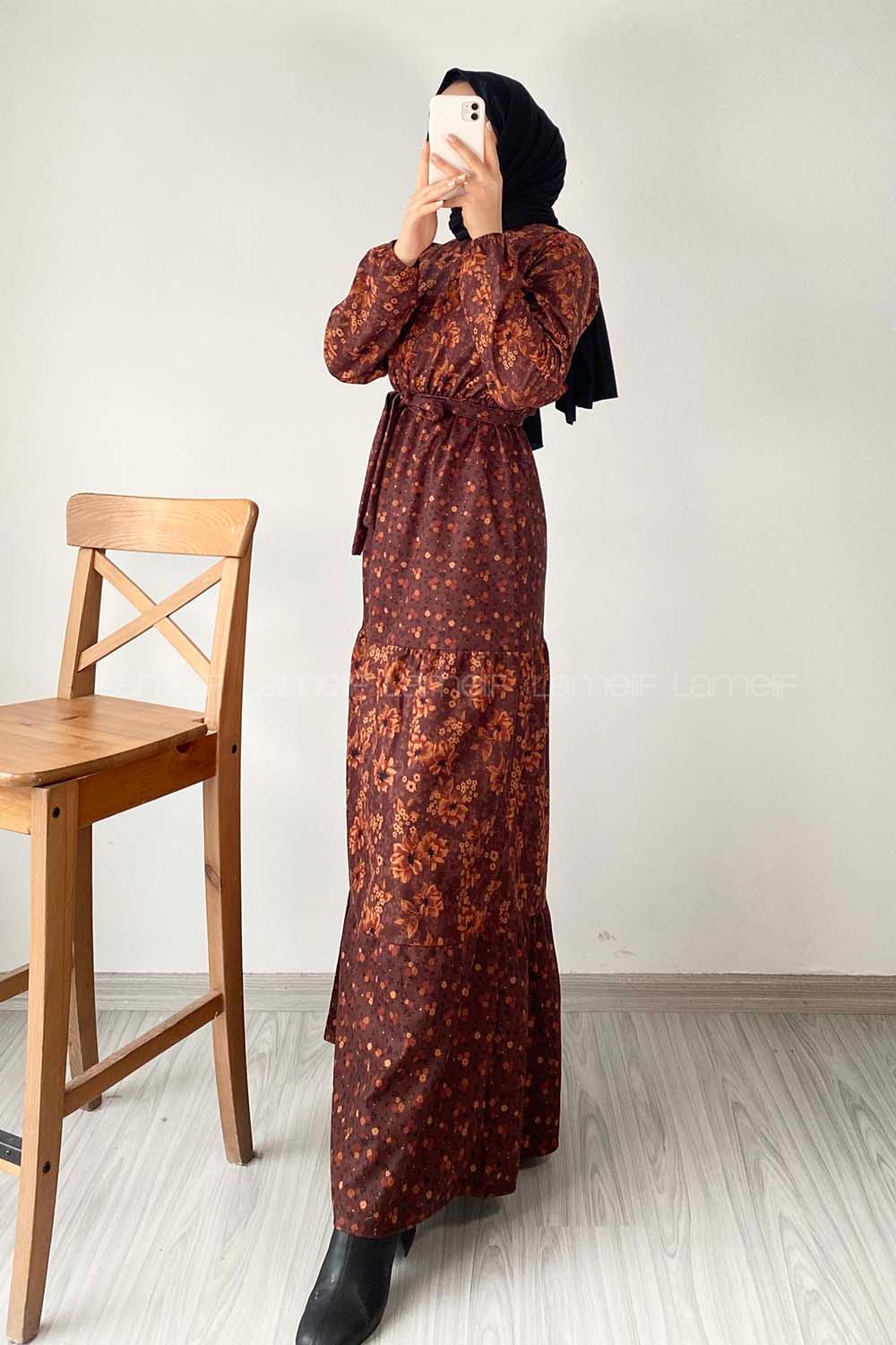 Modalamelif Yarım Balıkçı Yaka Kuşak Bağlamalı Çiçek Desenli Elbise Acı Kahve