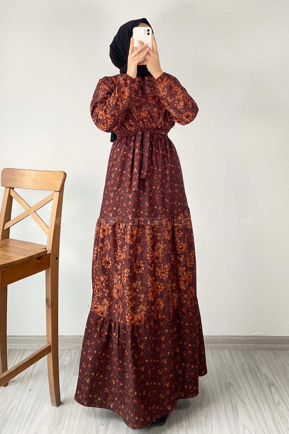 Modalamelif Yarım Balıkçı Yaka Kuşak Bağlamalı Çiçek Desenli Elbise Acı Kahve