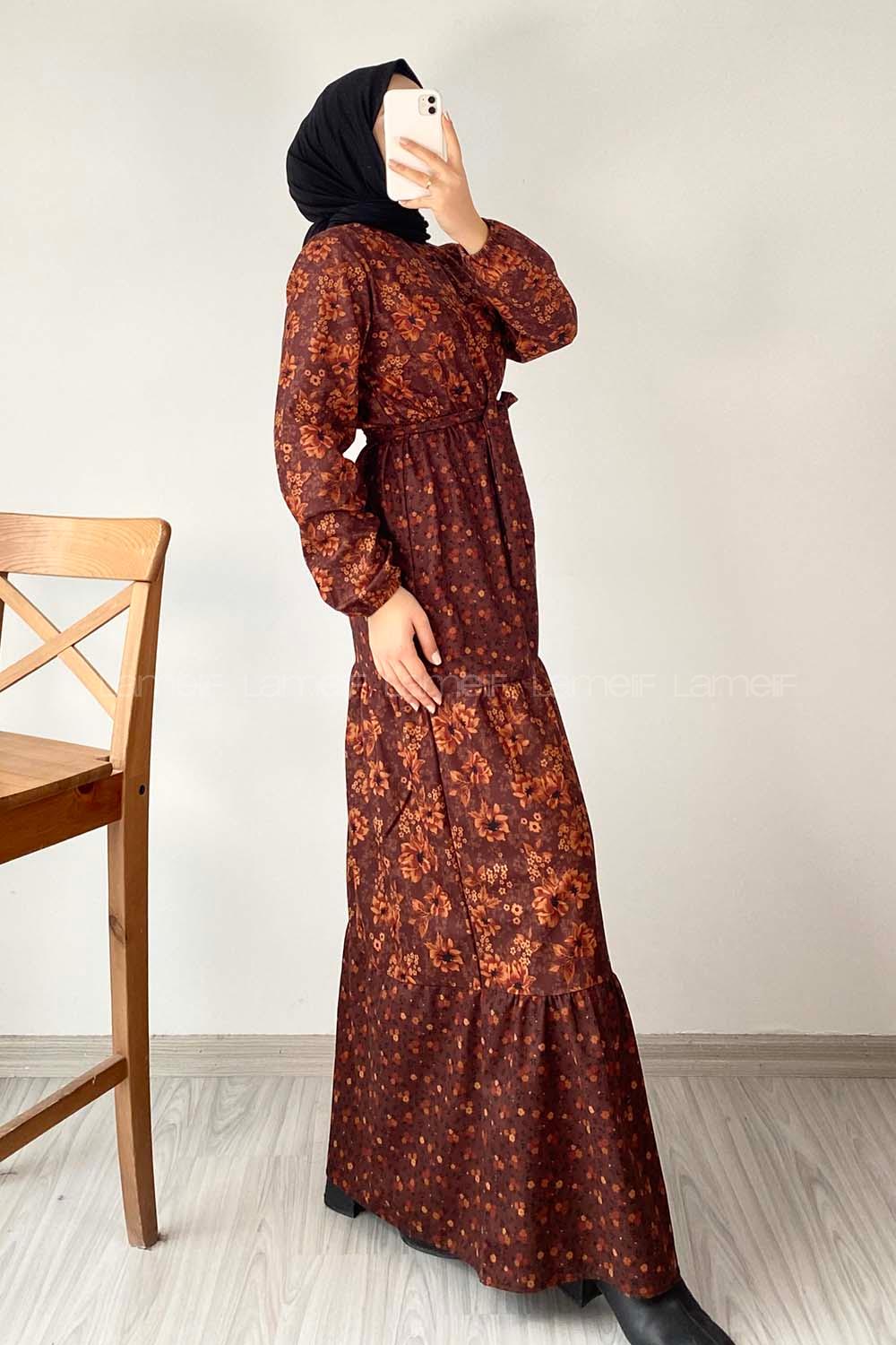 Modalamelif Yarım Balıkçı Yaka Kuşak Bağlamalı Çiçek Desenli Elbise Acı Kahve