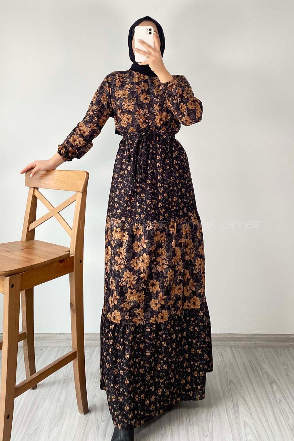 Modalamelif Yarım Balıkçı Yaka Kuşak Bağlamalı Çiçek Desenli Elbise Siyah