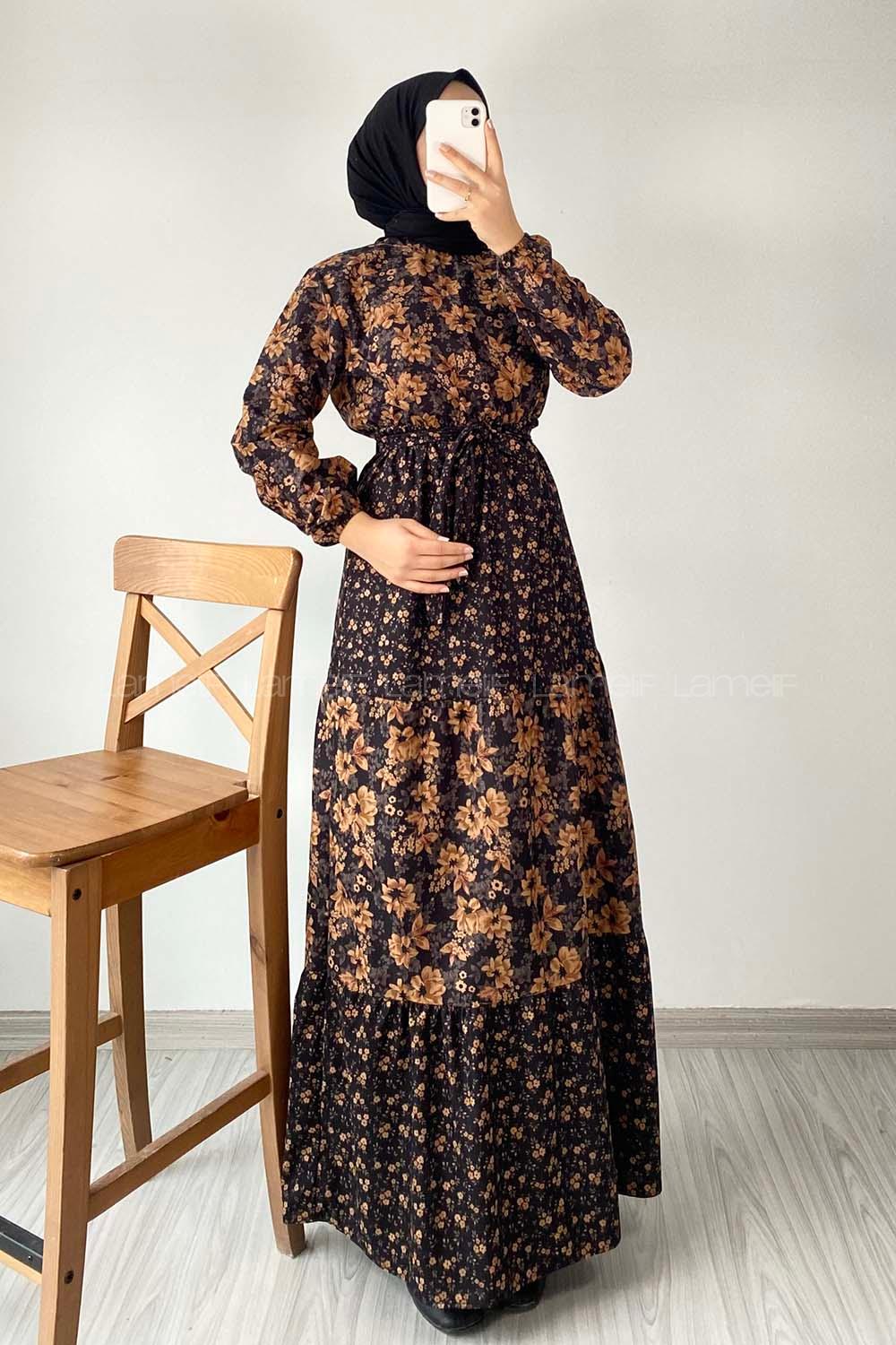 Modalamelif Yarım Balıkçı Yaka Kuşak Bağlamalı Çiçek Desenli Elbise Siyah