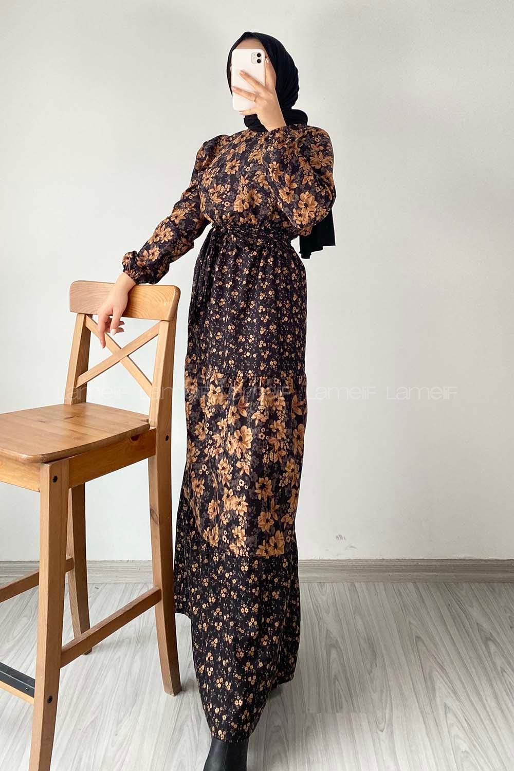 Modalamelif Yarım Balıkçı Yaka Kuşak Bağlamalı Çiçek Desenli Elbise Siyah