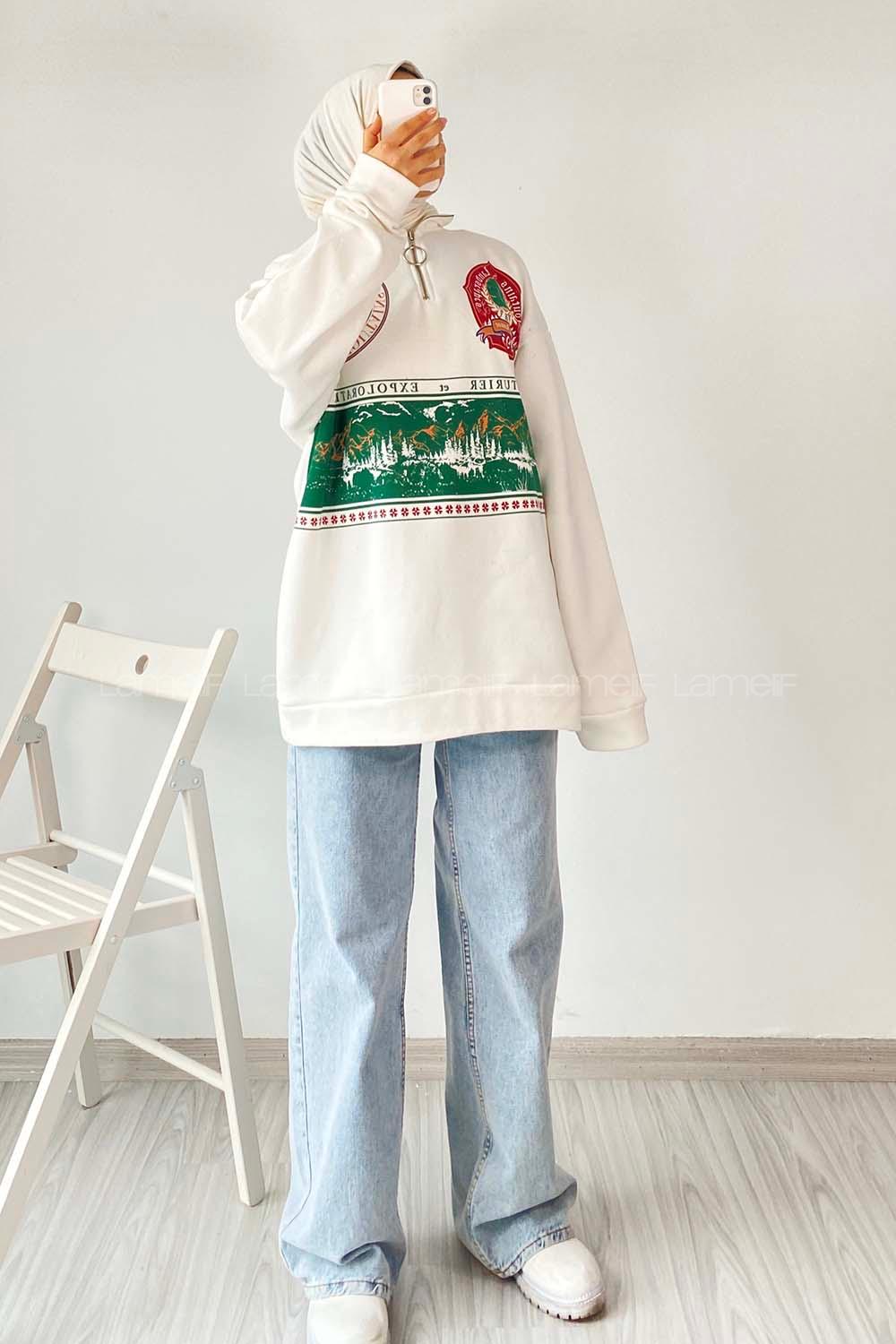 Modalamelif Yarım Fermuar Detaylı Baskılı Sweat Ekru