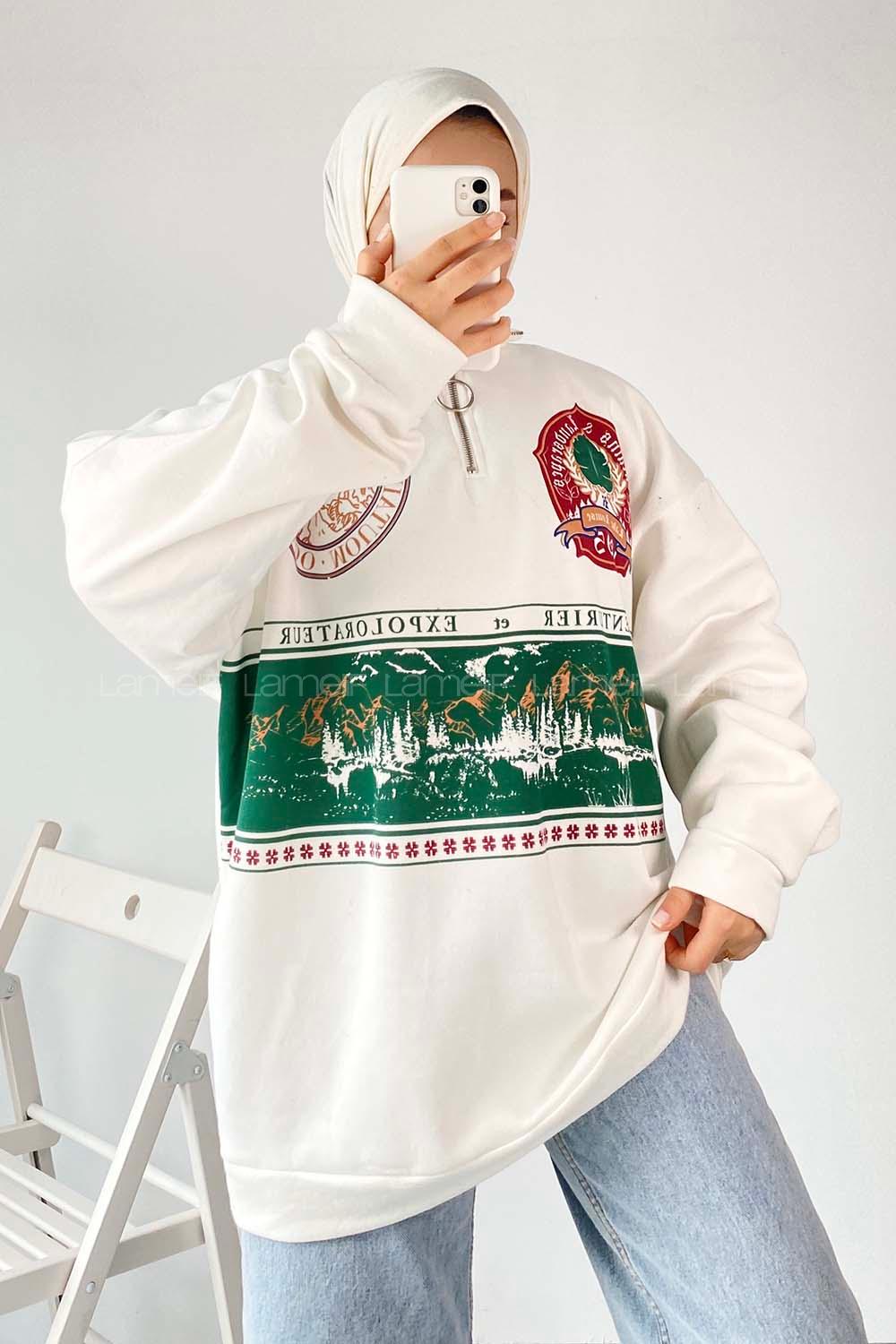 Modalamelif Yarım Fermuar Detaylı Baskılı Sweat Ekru