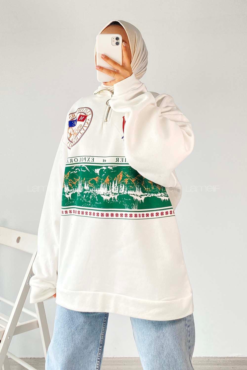 Modalamelif Yarım Fermuar Detaylı Baskılı Sweat Ekru