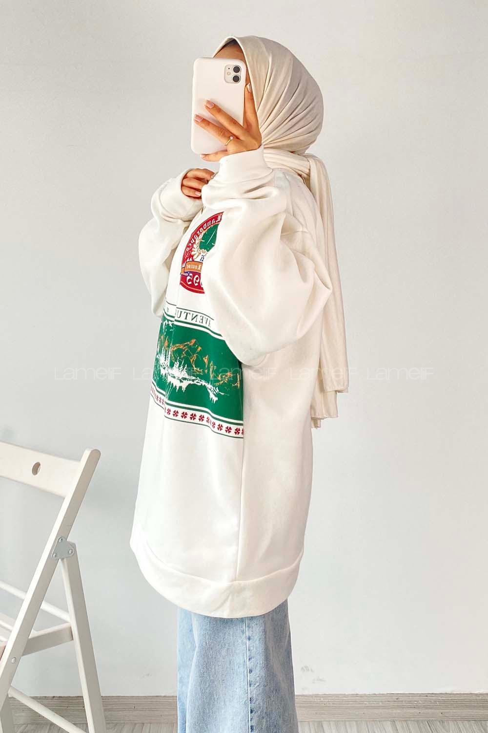 Modalamelif Yarım Fermuar Detaylı Baskılı Sweat Ekru