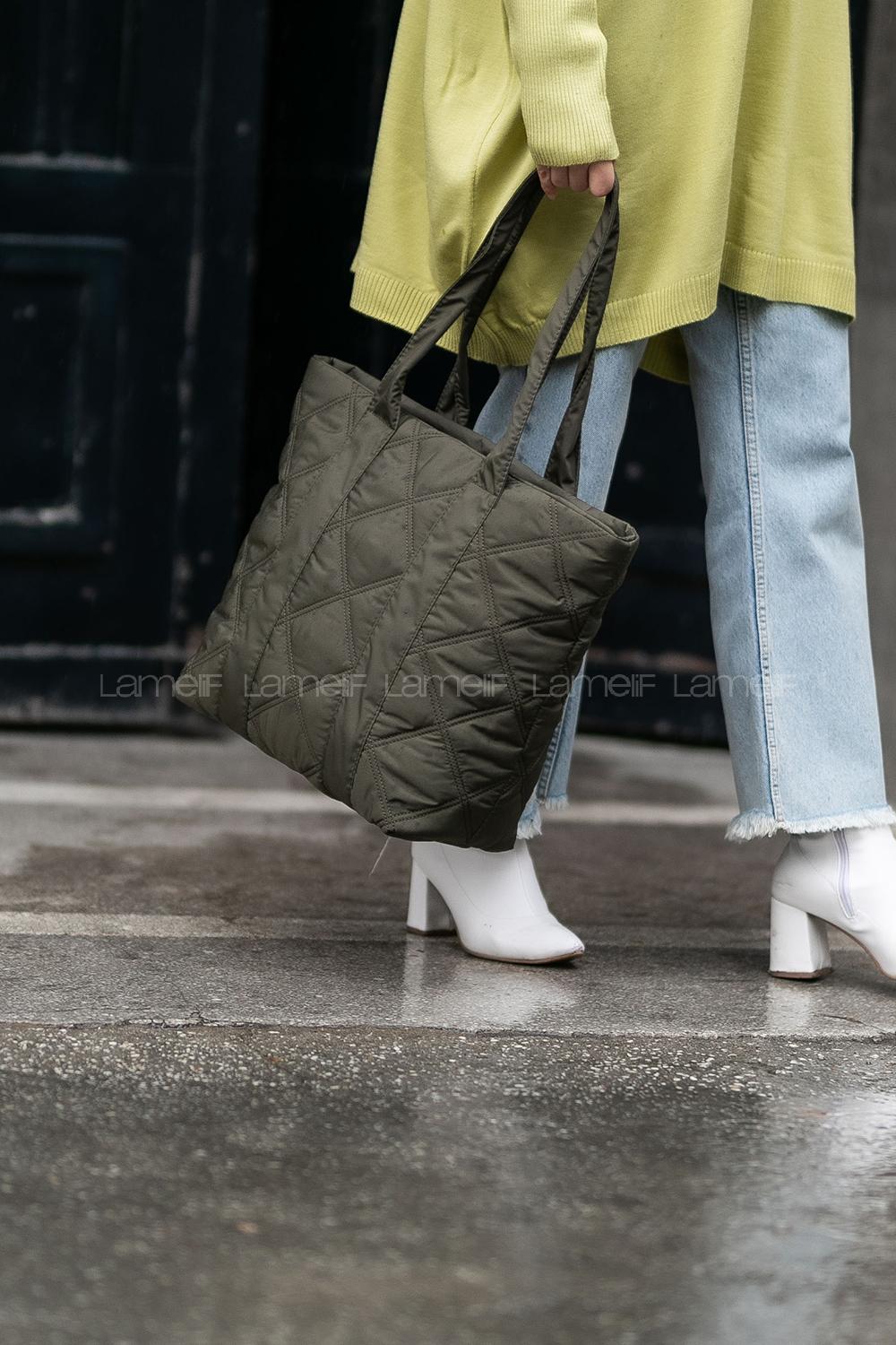 Lamelif Puf Kumaş Kapitone Desenli Çanta Haki Yeşil