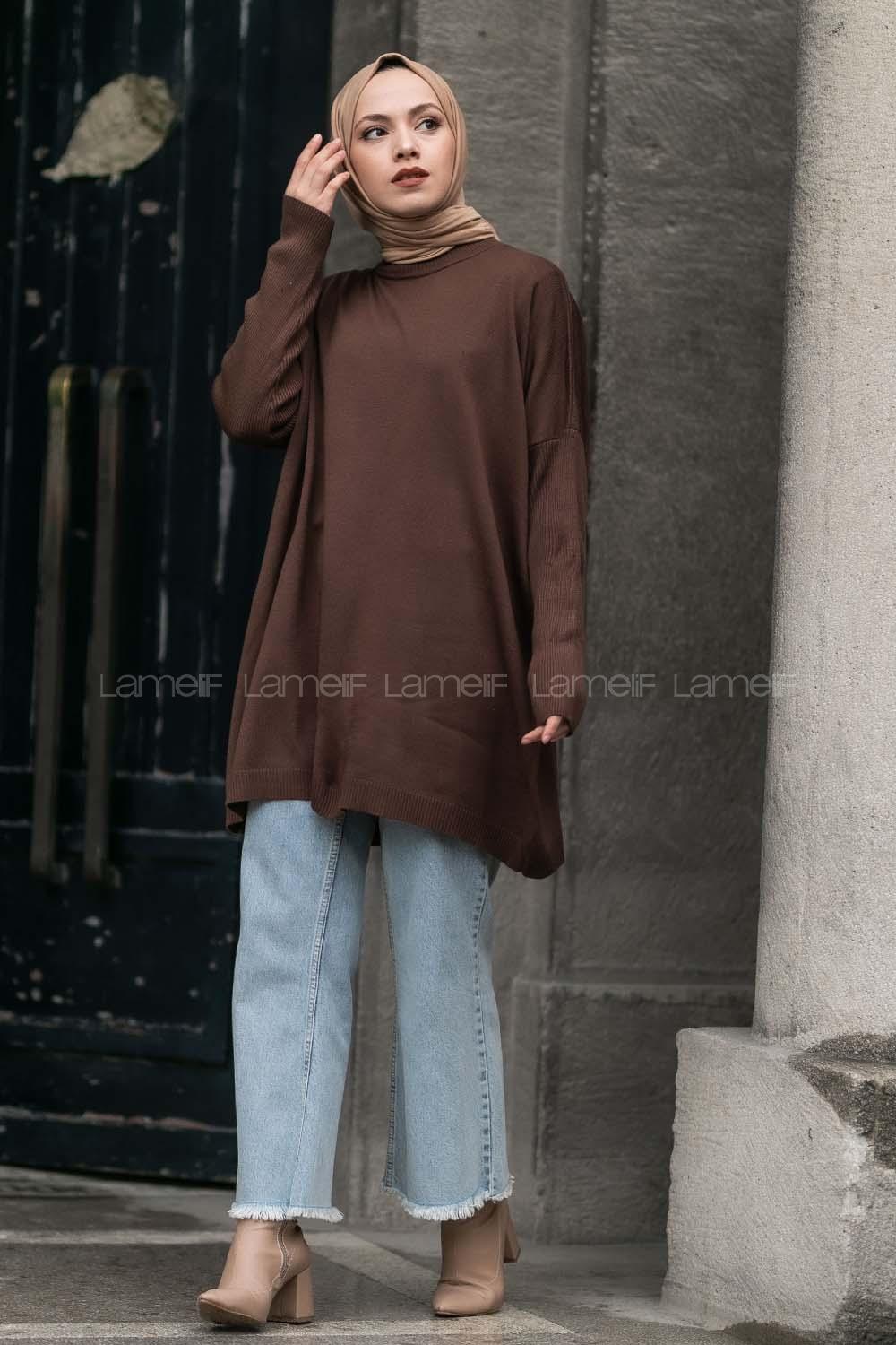 Modalamelif Yarım Balıkçı Yaka Oversize Detaylı Panço Acıkahve