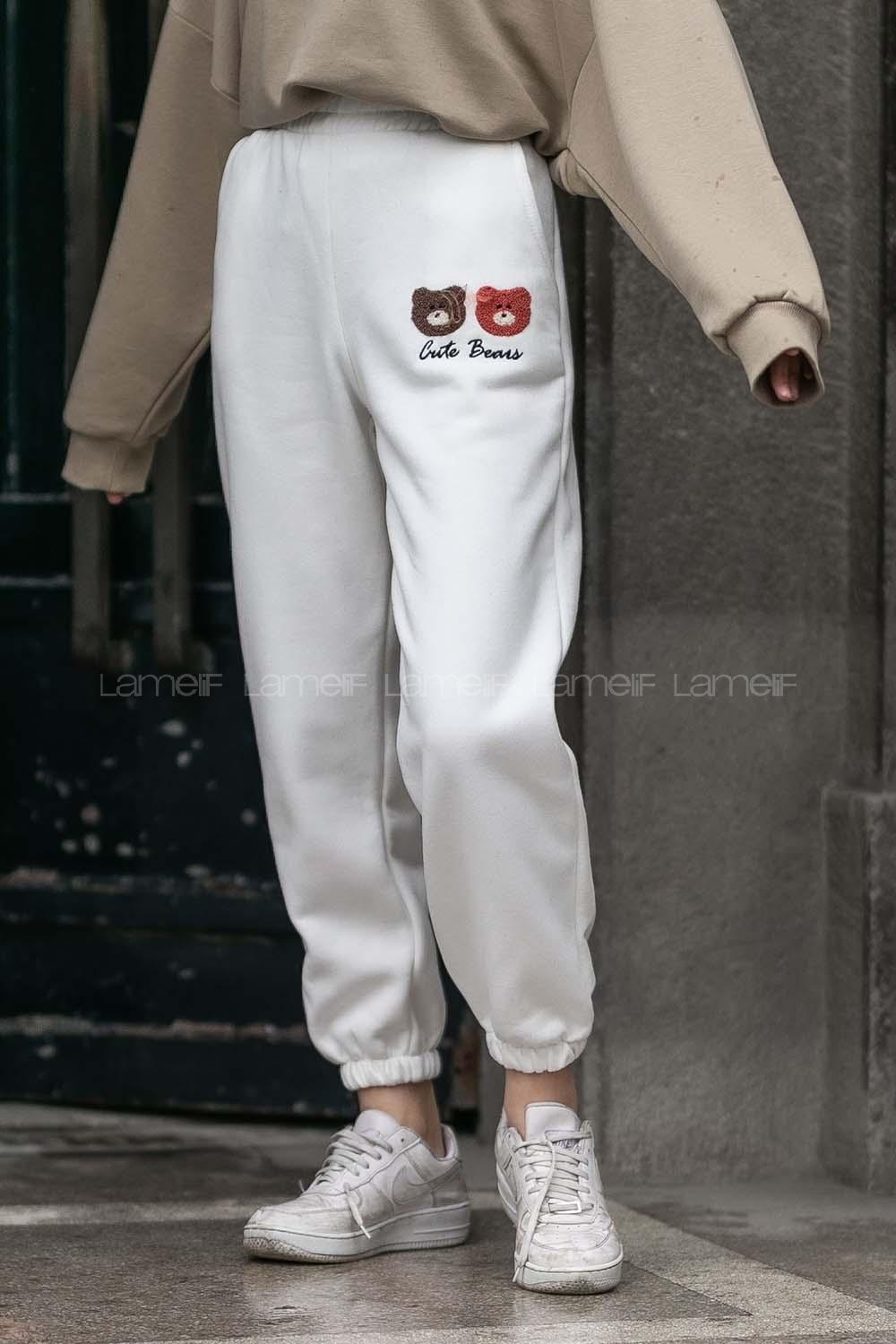 Modalamelif Bel Ve Paça Lastikli Bear Nakış İşlemeli Eşofman Beyaz