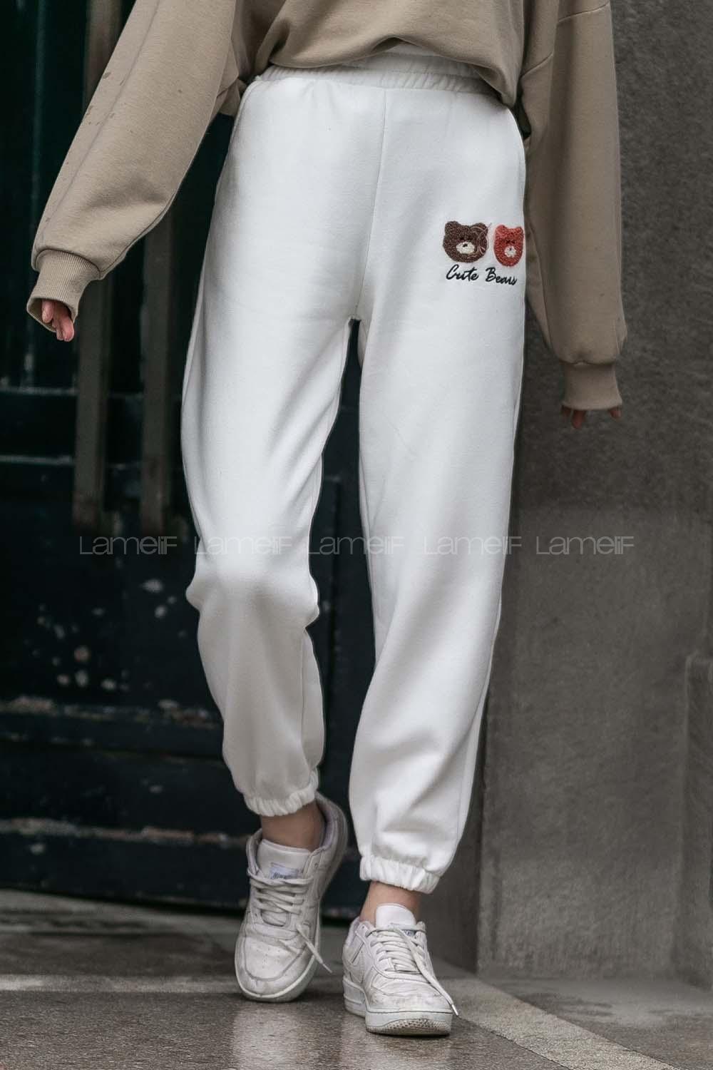 Modalamelif Bel Ve Paça Lastikli Bear Nakış İşlemeli Eşofman Beyaz