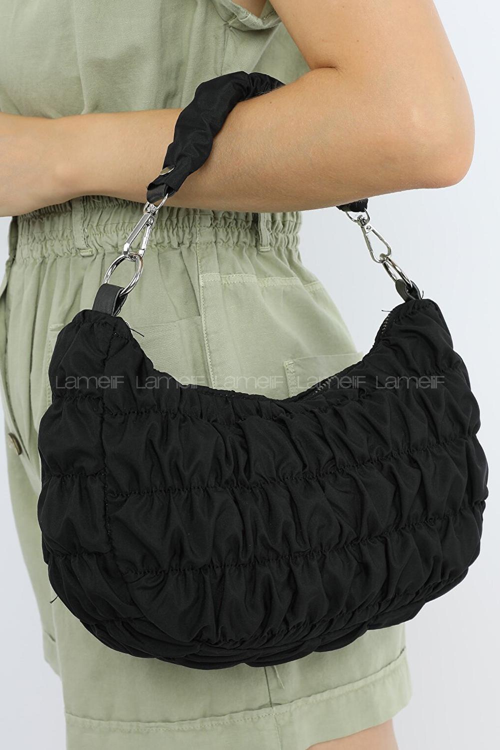 Modalamelif Büzgülü Baguette Çanta Siyah