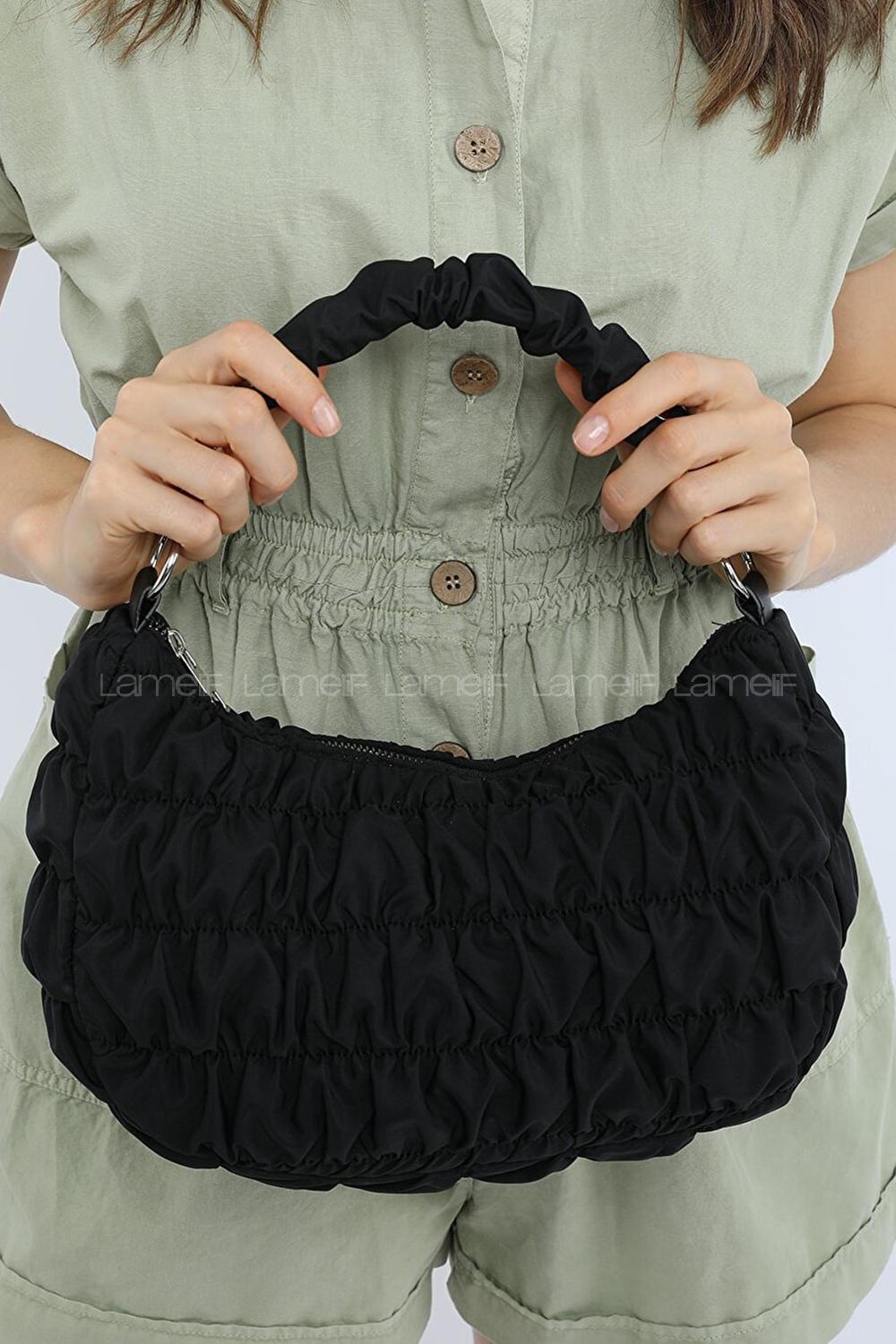 Modalamelif Büzgülü Baguette Çanta Siyah