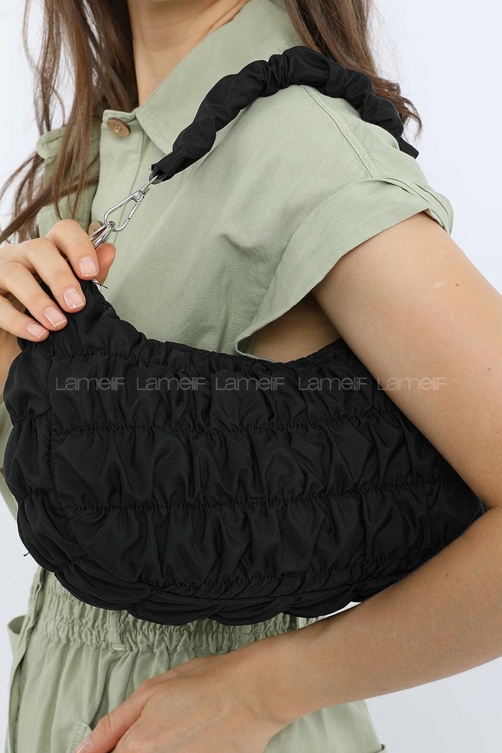 Modalamelif Büzgülü Baguette Çanta Siyah