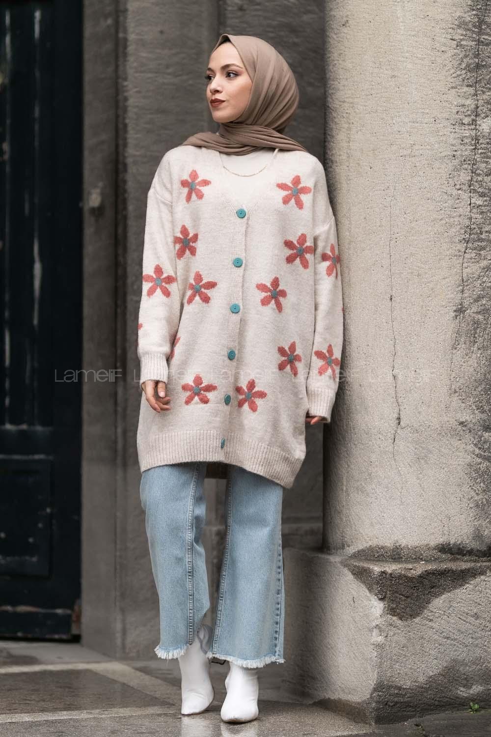 Modalamelif V Yaka Boydan Düğmeli Papatya Desen Hırka Bej