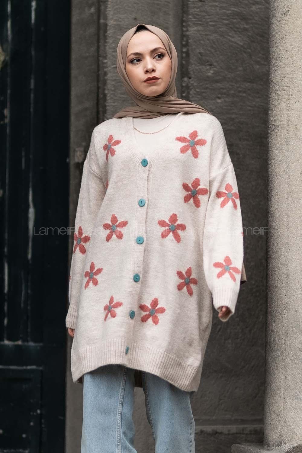 Modalamelif V Yaka Boydan Düğmeli Papatya Desen Hırka Bej