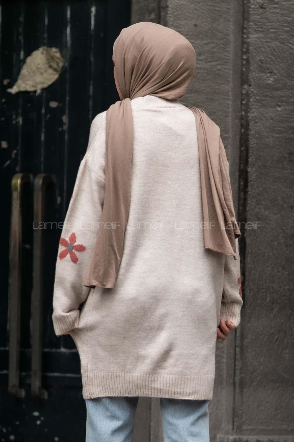 Modalamelif V Yaka Boydan Düğmeli Papatya Desen Hırka Bej