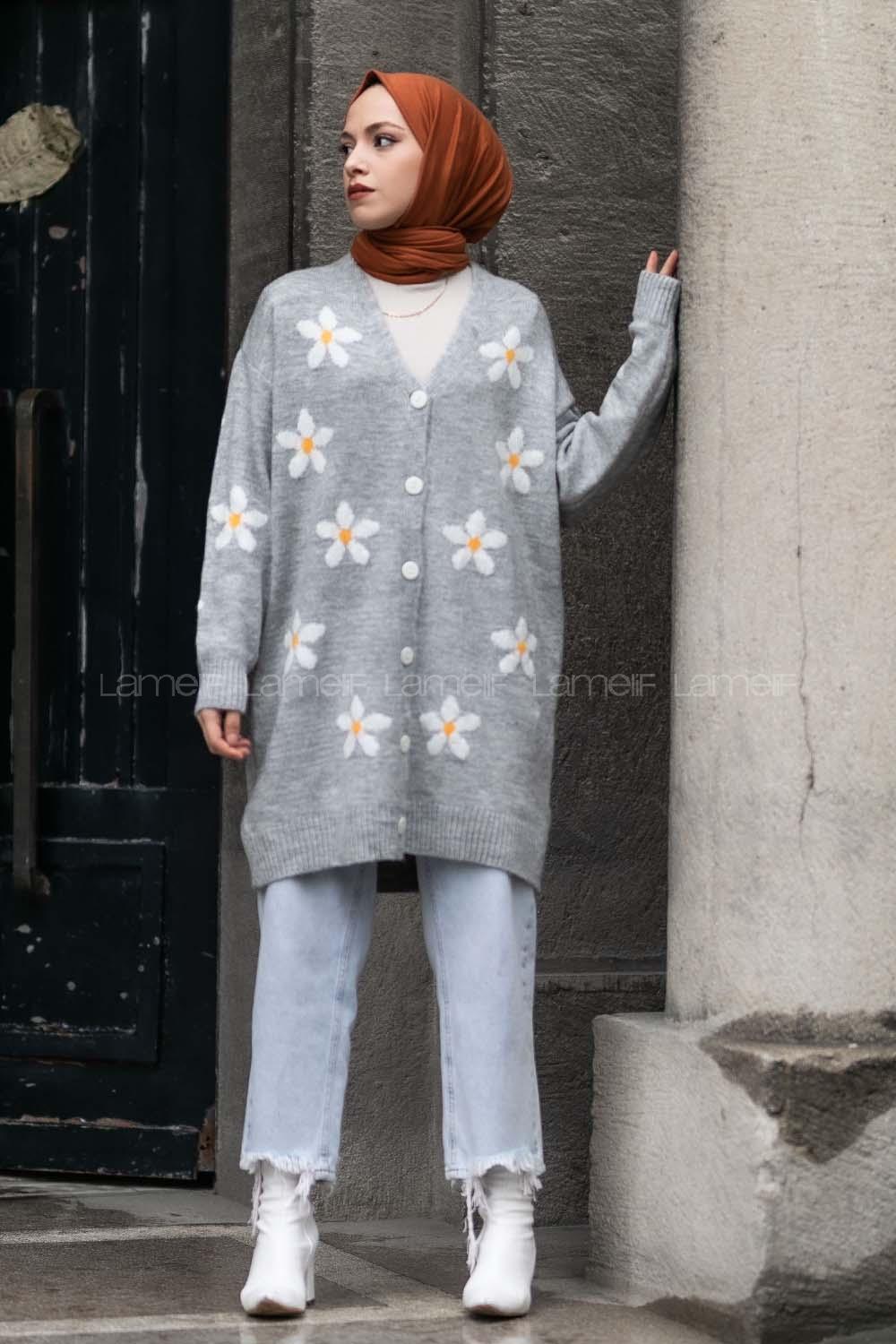 Modalamelif V Yaka Boydan Düğmeli Papatya Desen Hırka Gri