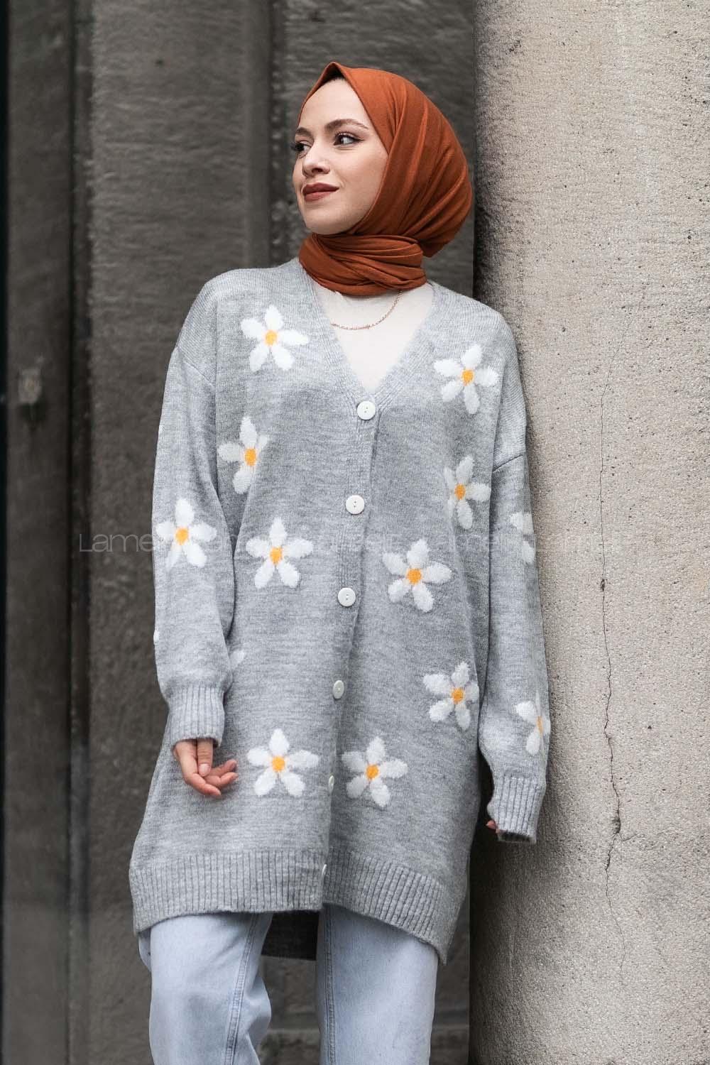 Modalamelif V Yaka Boydan Düğmeli Papatya Desen Hırka Gri