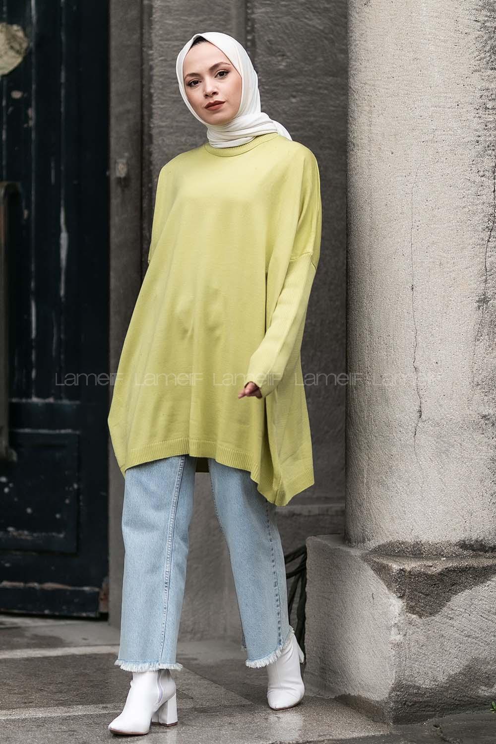 Modalamelif Yarım Balıkçı Yaka Oversize Detaylı Panço Fıstık Yeşili